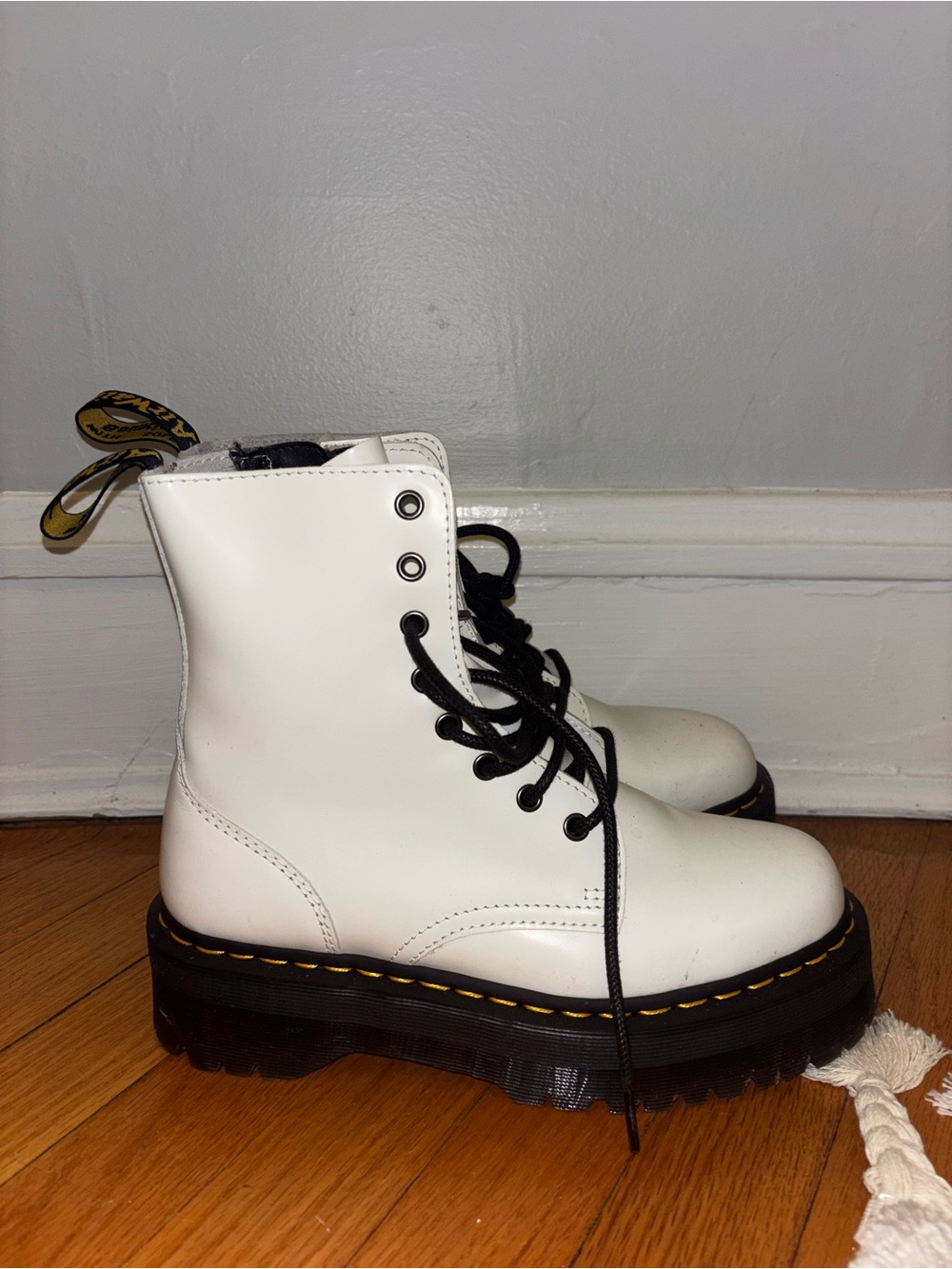 Dr. Martens White Leather Platform Lace-Up Boots with Black Laces